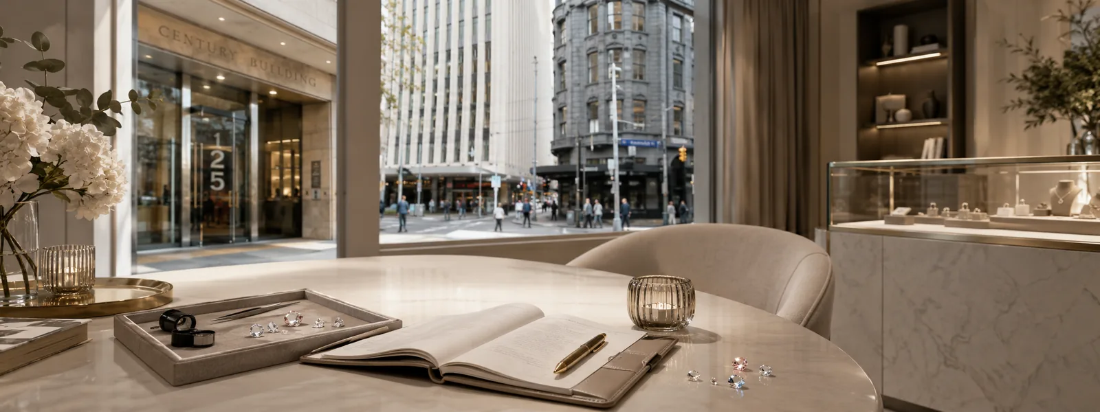 Luxury Melbourne jewellery showroom consultation setting representing GemTrove contact, appointments, diamonds, gemstones and custom jewellery guidance.