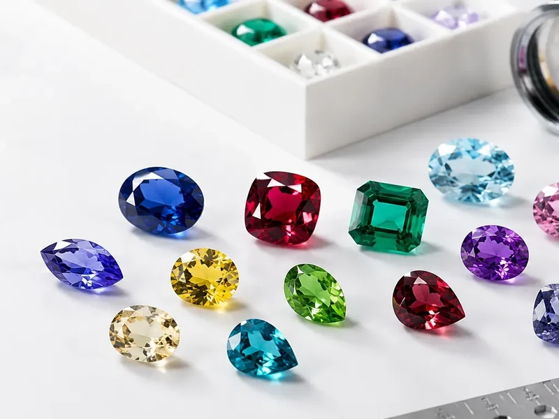 Selection of colourful faceted gemstones on a pale jewellery-workbench surface