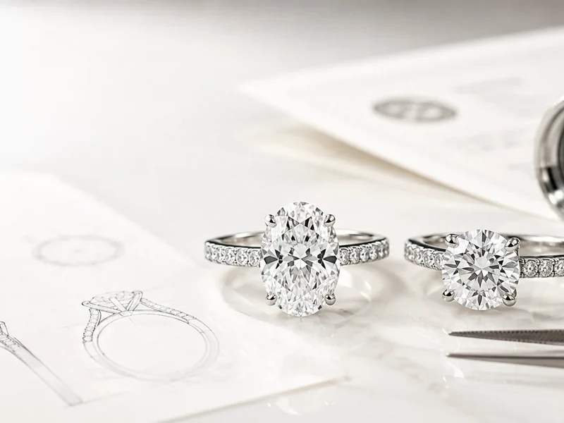 Close-up of diamond engagement rings and jewellery design sketches