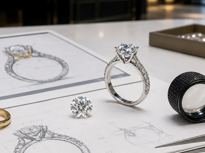 Diamond ring design drawings and jewellery-making tools on a workbench