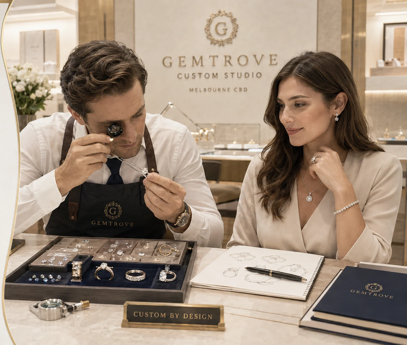 Gemologist inspecting a stone beside a client wearing fine jewellery at the GemTrove Melbourne custom jewellery studio