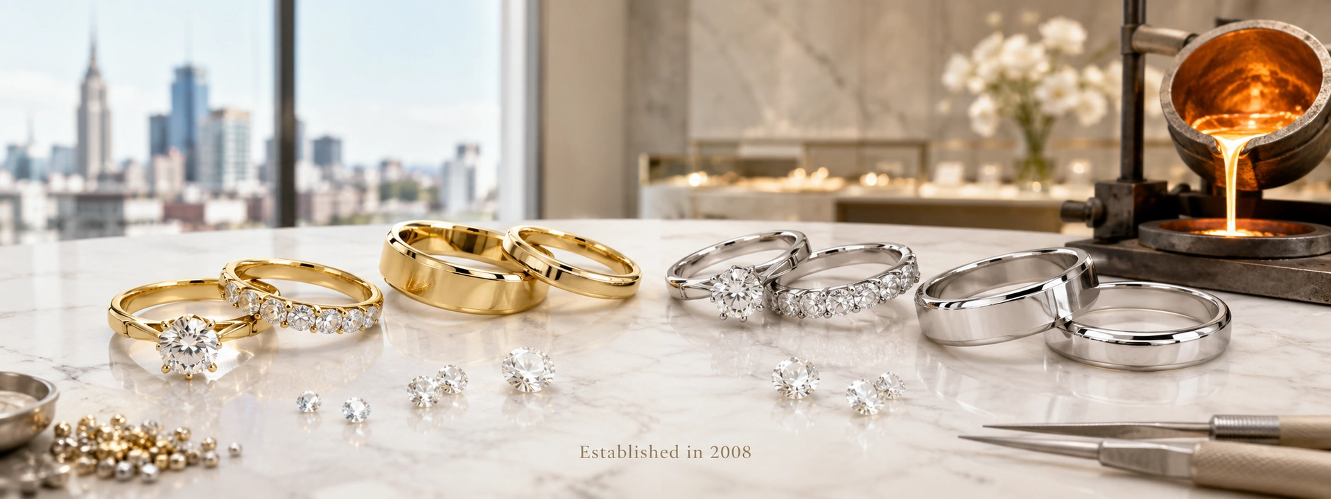 9K and 18K yellow and white gold rings with diamonds on a jeweller’s bench, with Melbourne skyline and molten gold casting in the background.