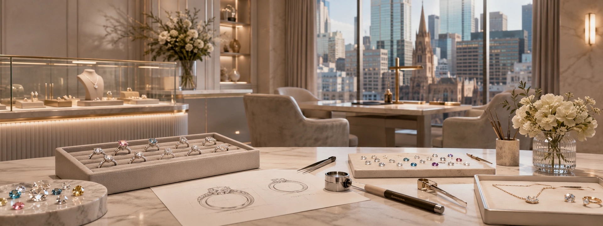GemTrove Melbourne CBD jewellery showroom with custom engagement rings, loose diamonds, coloured gemstones and jewellery design sketches on a jeweller’s workbench.