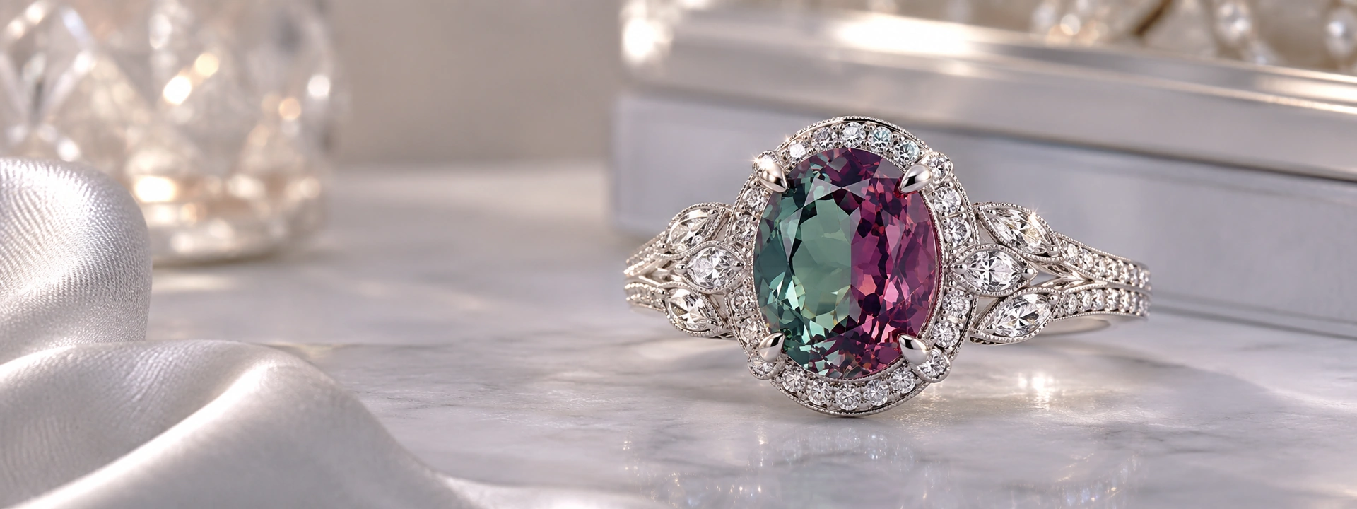 Alexandrite engagement ring with an oval green-to-purple colour-change centre stone, diamond halo and vintage-inspired diamond shoulders.