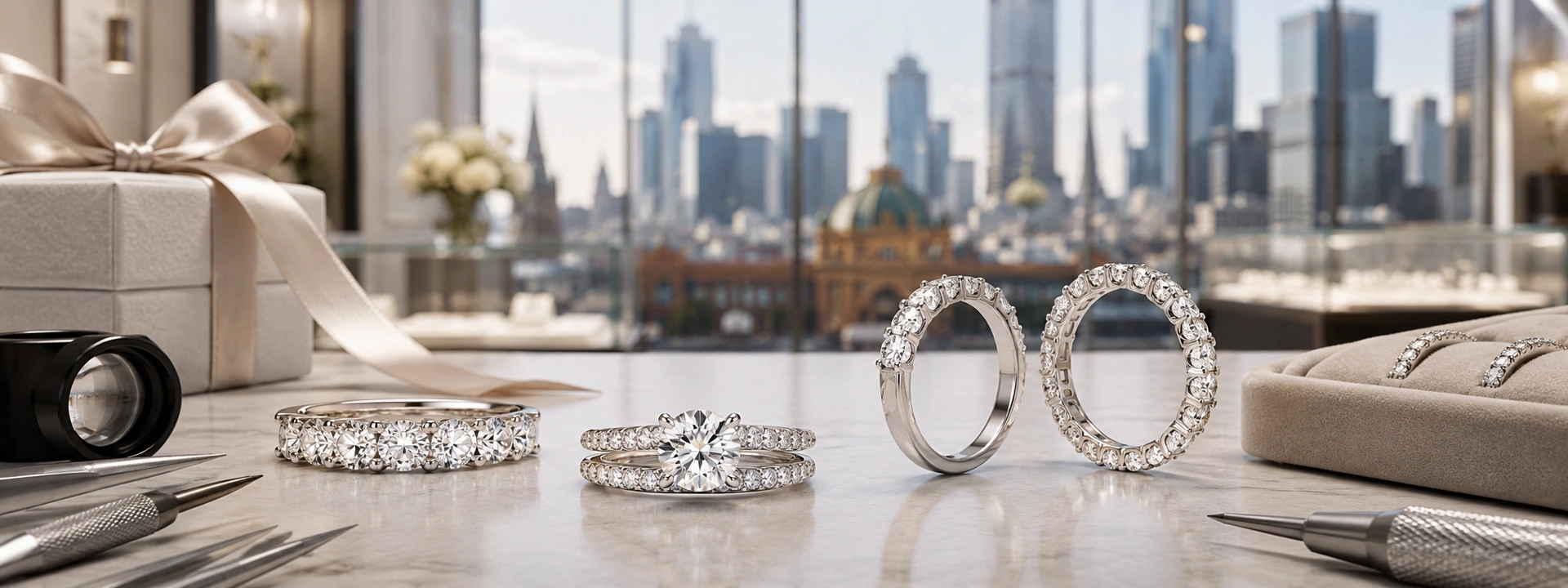 Diamond anniversary and eternity rings displayed on a jeweller’s workbench with a Melbourne skyline and a ribbon-wrapped gift.